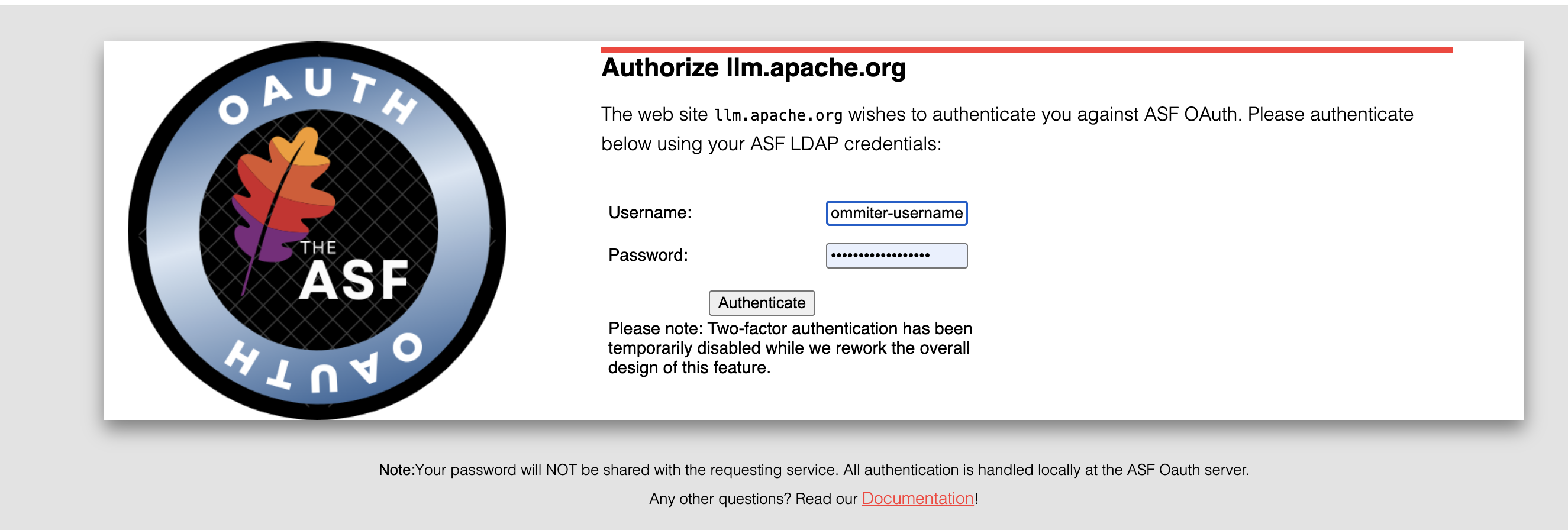 ASF OAuth login page for llm.apache.org