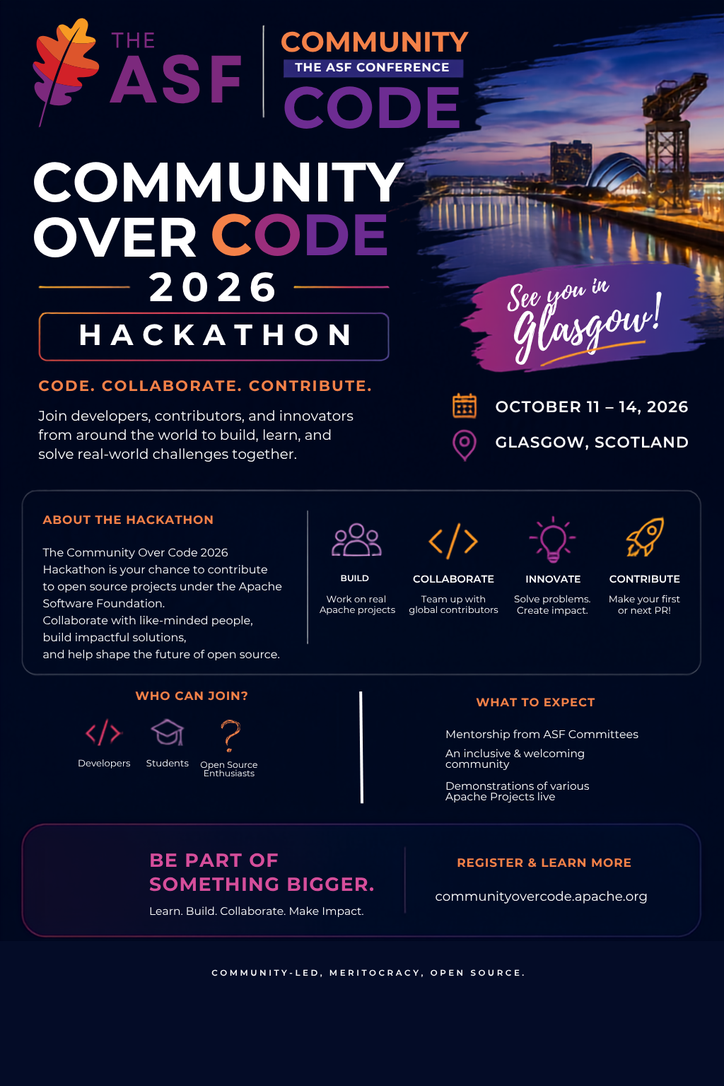 Community over Code Glasgow 2026 Hackathon poster